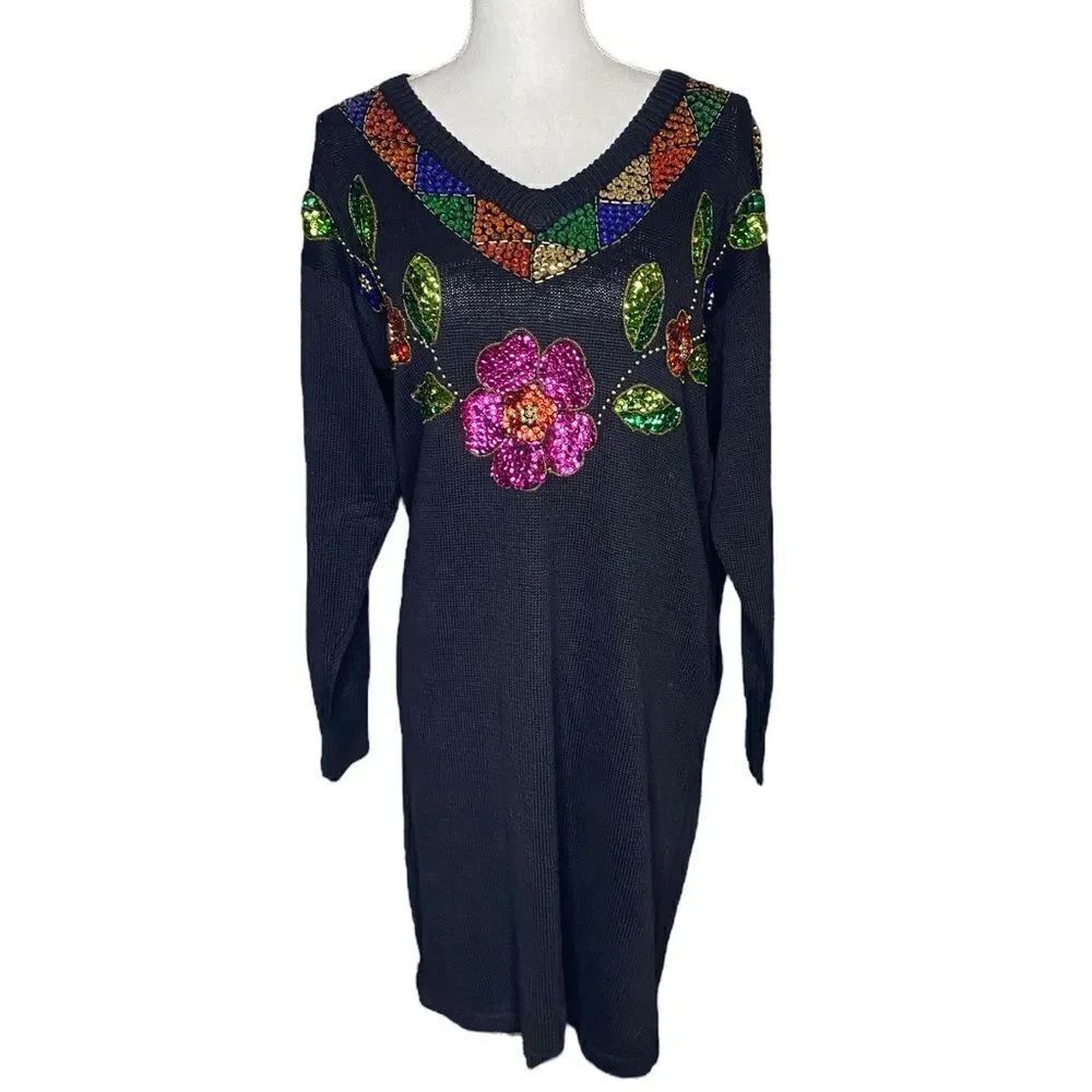 Mister Noah Black Bedazzled Floral Sequin Midi Sheath Sweater Medium Vintage